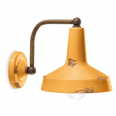 FerroLuce - Vintage - Lampada da parete in stile industrial in metallo con diffusore in ceramica - Colore: Giallo Majestic - 1 Lampadina - E27 - 53W - IP20 - SKU: C1420-VIG