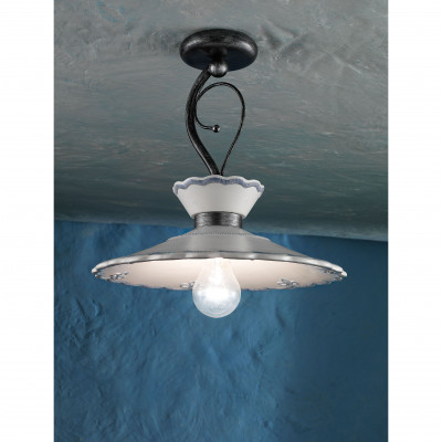 FerroLuce - Ravenna - Lampada da soffitto grande rustica con paralume in ceramica decorato a mano - 1 Lampadina E27 100W - IP20 - SKU: C930-NA-FBL