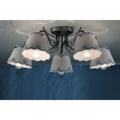 FerroLuce - Ravenna - Lampada da soffitto rustica con cinque paralumi in ceramica decorati a mano - 5 Lampadine E14 42W - IP20 - SKU: C924-NA-FBL