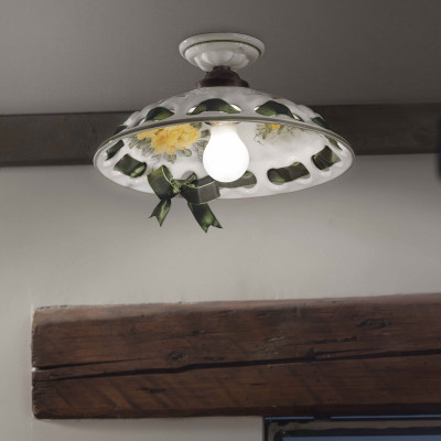 FerroLuce - Napoli - Lampada da soffitto rustica con diffusore in ceramica decorato a mano - 1 Lampadina E27 100W - IP20 - SKU: C369-NR-42.DEC.MOG