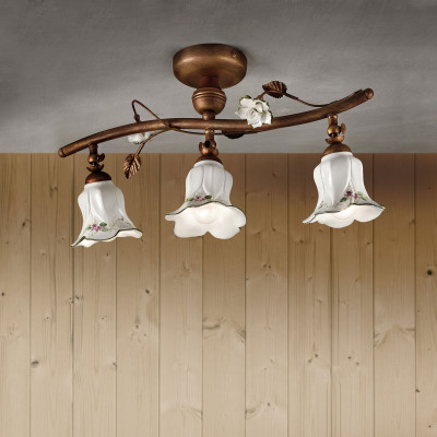 FerroLuce - Pisa - Lampada da soffitto rustica con tre diffusori in ceramica decorati a mano - 3 Lampadine E14 42W - IP20 - SKU: C1206-3-RU-13.DEC.CO