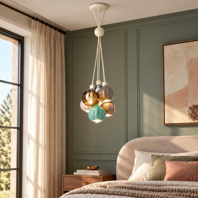FerroLuce Afoxé Lampadario a grappolo moderno con 6 diffusori in vetro e ceramica Colore: Multicolore