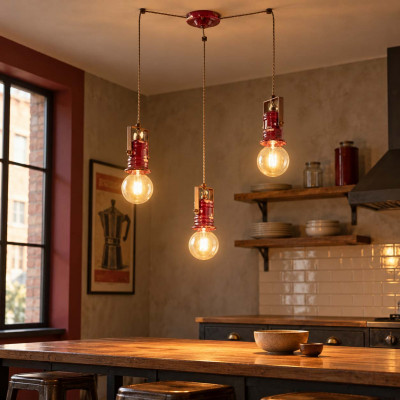 FerroLuce Urban Lampadario industrial con 3 diffusori pendenti in ceramica Colore: Bordeaux