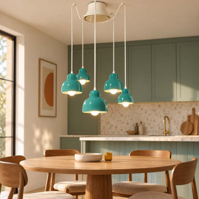 FerroLuce Berimbau Lampadario moderno decò con 5 diffusori in ceramica Colore: Turchese