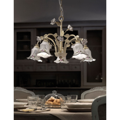 FerroLuce - Pisa - Lampadario rustico con cinque diffusori in ceramica decorati a mano - 5 Lampadine E14 42W - IP20 - SKU: C1205-5-BO-13.DEC.CO