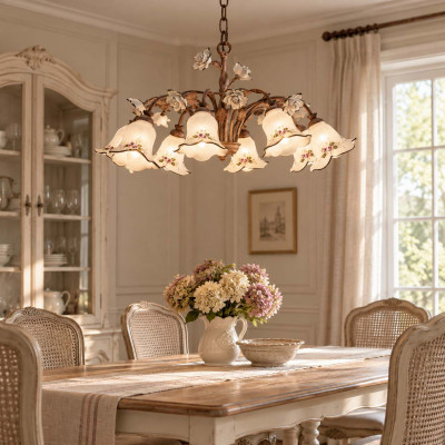FerroLuce Pisa Lampadario rustico con otto diffusori in ceramica decorati a mano