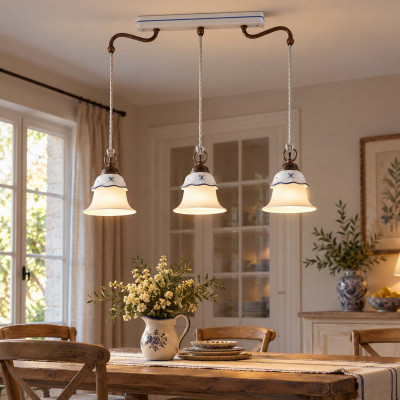 FerroLuce Ferrara Lampadario rustico in ceramica decorata a mano con 3 diffusori lineari in vetro