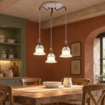 FerroLuce Ferrara Lampadario rustico in ceramica decorata a mano e 3 diffusori in vetro