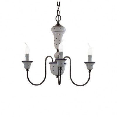 FerroLuce - Sanremo - Lampadario rustico in metallo con 3 braccia in ceramica decorate a mano - 3 Lampadine E14 42W - IP20 - SKU: C270-3-BA-44.DEC.FFB