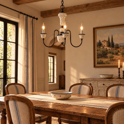 FerroLuce Sanremo Lampadario rustico in metallo con 3 braccia in ceramica decorate a mano