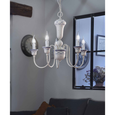 FerroLuce - Sanremo - Lampadario rustico in metallo con 5 braccia in ceramica decorate a mano - 5 Lampadine E14 42W - IP20 - SKU: C270-5-BA-27.DEC.RMB