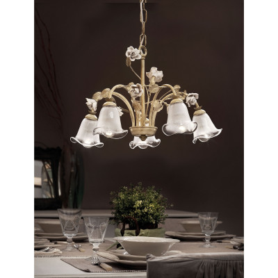 FerroLuce - Siena - Lampadario rustico in metallo con 5 diffusori in vetro e dettagli in ceramica - 5 Lampadine E14 42W - IP20 - SKU: C1185-5-BO-02