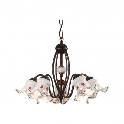 FerroLuce - Chieti - Lampadario rustico in metallo con 5 paralumi in ceramica dipinta a mano - 5 Lampadine E14 42W - IP20 - SKU: C168-5-NR-43.DEC.TRS