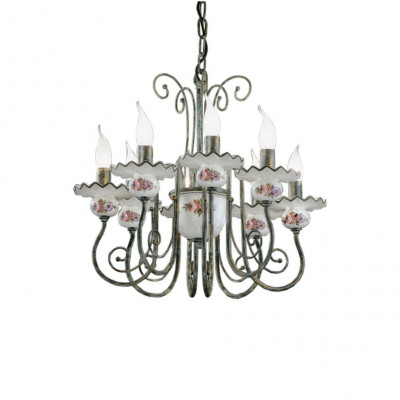 FerroLuce - Sanremo - Lampadario rustico in metallo con 8 braccia in ceramica decorata a mano - 8 Lampadine E14 42W - IP20 - SKU: C410-8-VO-11.DEC.OTT