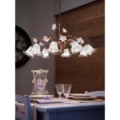 FerroLuce - Siena - Lampadario rustico in metallo con 8 diffusori in vetro e dettagli in ceramica - 8 Lampadine E14 42W - IP20 - SKU: C1185-8-RU-02