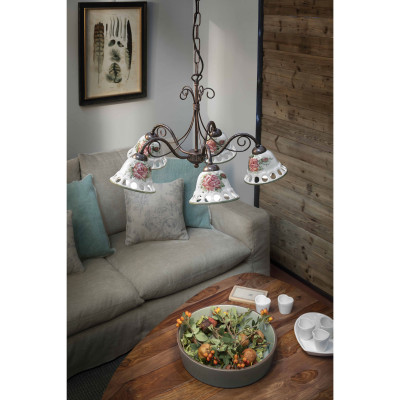 FerroLuce - Napoli - Lampadario rustico in metallo con cinque diffusori in ceramica decorati a mano - 5 Lampadine E14 42W - IP20 - SKU: C364-5-NR-42.DEC.MOR