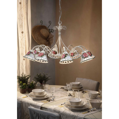 FerroLuce - Napoli - Lampadario rustico in metallo con otto diffusori in ceramica decorati a mano - 8 Lampadine E14 42W - IP20 - SKU: C364-8-BO-42.DEC.MOR