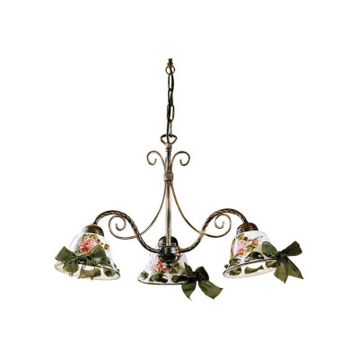 FerroLuce - Napoli - Lampadario rustico in metallo con tre diffusori in ceramica decorati a mano - 3 Lampadine E14 42W - IP20 - SKU: C364-3-NR-42.DEC.MOR