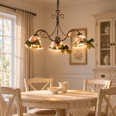 FerroLuce Napoli Lampadario rustico in metallo con tre diffusori in ceramica decorati a mano