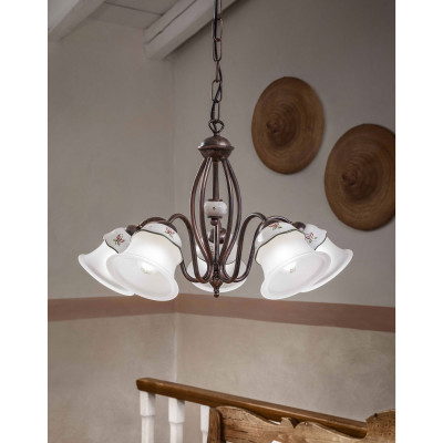 FerroLuce - Ferrara - Lampadario rustico in metallo e ceramica decorata a mano con diffusori in vetro - 5 Lampadine E14 42W - IP20 - SKU: C194-5-NR-33.DEC.SOO