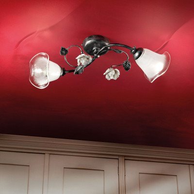 FerroLuce - Siena - Plafoniera da soffitto classica doppio diffusore in vetro e dettagli in ceramica - 2 Lampadine E14 42W - IP20 - SKU: C1184-2-NA-02