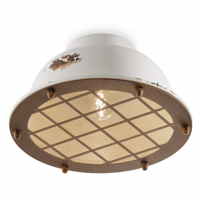 FerroLuce - Industrial - Plafoniera da soffitto in stile industrial con diffusore in ceramica con griglia - Colore: Bianco - 1 Lampadina - E27 - 100W - IP20 - SKU: C1760-VIB