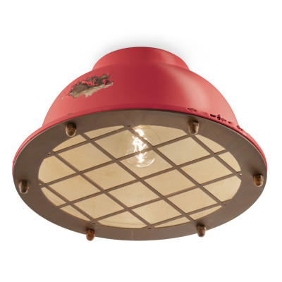 FerroLuce - Industrial - Plafoniera da soffitto in stile industrial con diffusore in ceramica con griglia - Colore: Rosso - 1 Lampadina - E27 - 100W - IP20 - SKU: C1760-VIR