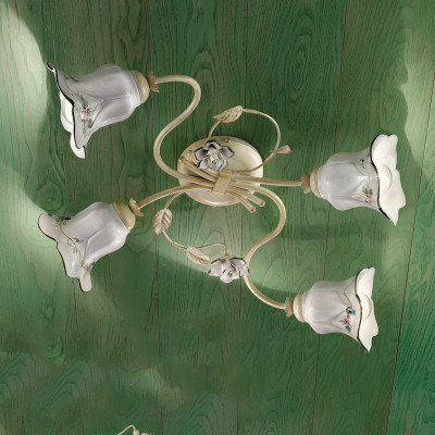 FerroLuce - Pisa - Plafoniera da soffitto rustica con quattro diffusori in ceramica decorati a mano - 4 Lampadine E14 42W - IP20 - SKU: C1204-4-BO-13.DEC.CO