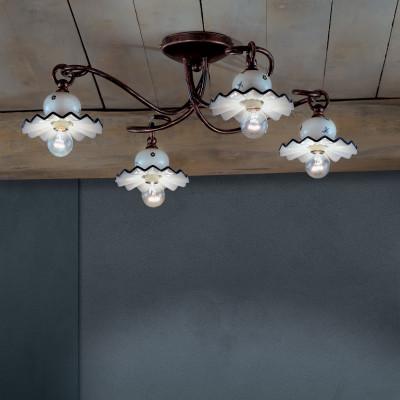 FerroLuce - Roma - Plafoniera dallo stile rustico con 4 diffusori in ceramica decorata a mano - 4 Lampadine E14 42W - IP20 - SKU: C404-4-NR-44.DEC.FFB