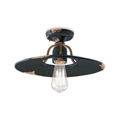 FerroLuce - Country - Plafoniera grande in metallo con diffusore in ceramica dal design industrial - Colore: Nero - 1 Lampadina - E27 - 77W - IP20 - SKU: C1445-VIN