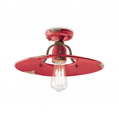 FerroLuce - Country - Plafoniera grande in metallo con diffusore in ceramica dal design industrial - Colore: Rosso - 1 Lampadina - E27 - 77W - IP20 - SKU: C1445-VIR