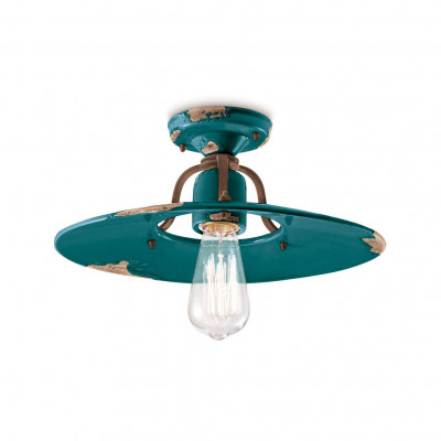 FerroLuce - Country - Plafoniera grande in metallo con diffusore in ceramica dal design industrial - Colore: Verde - 1 Lampadina - E27 - 77W - IP20 - SKU: C1445-VIV