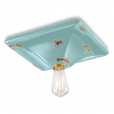 FerroLuce - Vintage - Plafoniera grande quadrata dal design industrial con diffusore in ceramica - Colore: Azzurro - 1 Lampadina - E27 - 77W - IP20 - SKU: C136-VIA