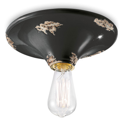 FerroLuce - Vintage - Plafoniera grande rotonda dal design industrial con diffusore in ceramica - Colore: Nero - 1 Lampadina - E27 - 77W - IP20 - SKU: C134-VIN