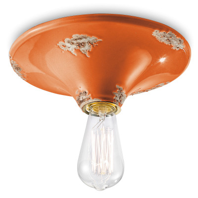 FerroLuce - Vintage - Plafoniera grande rotonda dal design industrial con diffusore in ceramica - Colore: Arancione - 1 Lampadina - E27 - 77W - IP20 - SKU: C134-VIO