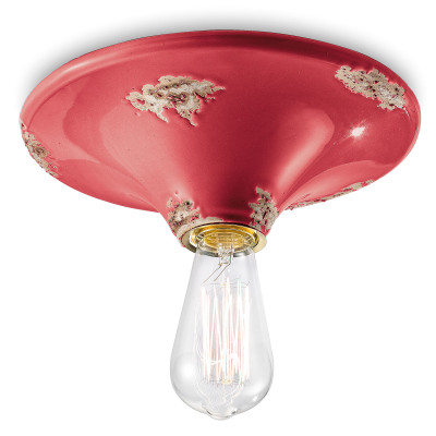 FerroLuce - Vintage - Plafoniera grande rotonda dal design industrial con diffusore in ceramica - Colore: Rosso - 1 Lampadina - E27 - 77W - IP20 - SKU: C134-VIR