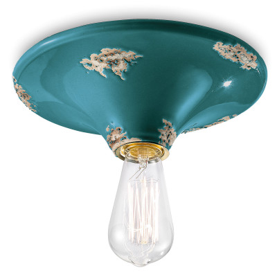 FerroLuce - Vintage - Plafoniera grande rotonda dal design industrial con diffusore in ceramica - Colore: Verde - 1 Lampadina - E27 - 77W - IP20 - SKU: C134-VIV