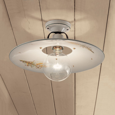 FerroLuce - Bologna - Plafoniera grande rustica con diffusore in ceramica dipinto a mano - 1 Lampadina E27 75W - IP20 - SKU: C829-NR-29.DEC.AVS