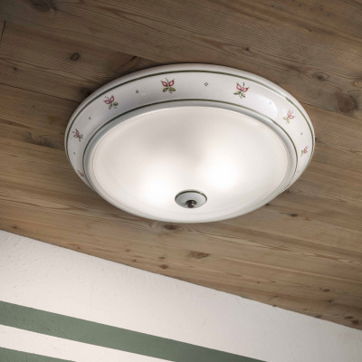 FerroLuce - Capua - Plafoniera in ceramica decorata a mano dal design rustico e paralume in vetro - 2 Lampadine E27 60W - IP20 - SKU: C113-OS-33.DEC.SOO