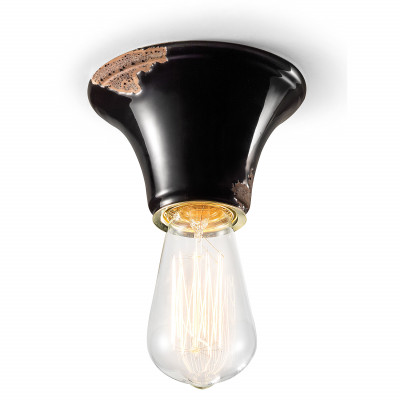 FerroLuce - Vintage - Plafoniera media rotonda dal design industrial con diffusore in ceramica - Colore: Nero - 1 Lampadina - E27 - 77W - IP20 - SKU: C132-VIN