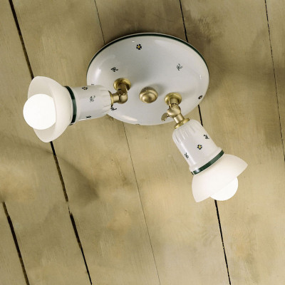 FerroLuce - Savona - Plafoniera rustica in ceramica decorata a mano con 2 paralumi in vetro - 2 Lampadine E14 42W - IP20 - SKU: C278-OS-44.DEC.FFB