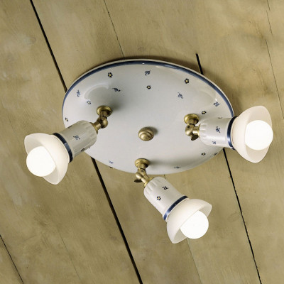 FerroLuce - Savona - Plafoniera rustica in ceramica decorata a mano con 3 paralumi in vetro - 3 Lampadine E14 42W - IP20 - SKU: C279-OS-44.DEC.FFB