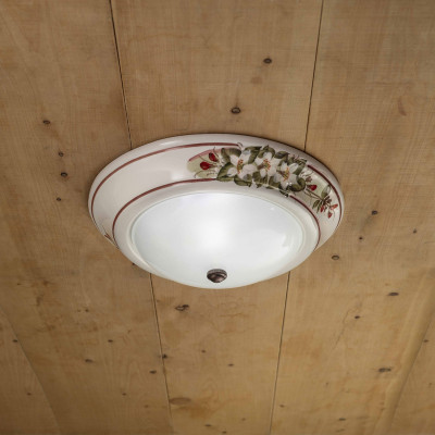 FerroLuce - Capua - Plafoniera rustica in ceramica decorata a mano e paralume in vetro - 1 Lampadina E27 60W - IP20 - SKU: C112-OS-56.DEC.FAR
