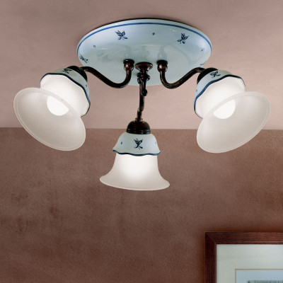 FerroLuce - Ferrara - Plafoniera rustica in metallo e ceramica decorata a mano con diffusori in vetro - 3 Lampadine E14 42W - IP20 - SKU: C310-NR-38.DEC.SOB