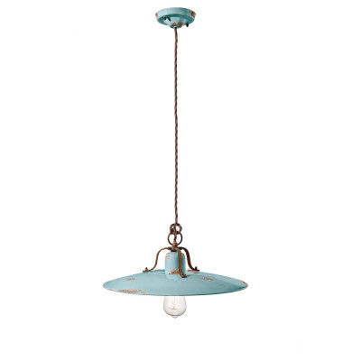FerroLuce - Country - Sospensione grande in metallo con diffusore in ceramica dal design industrial - Colore: Azzurro - 1 Lampadina - E27 - 77W - IP20 - SKU: C1443-VIA
