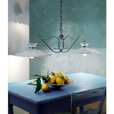 FerroLuce - Ravenna - Lampadario grande rustico con doppio paralume in ceramica decorata a mano - 2 Lampadine E27 75W - IP20 - SKU: C899-NA-FBL