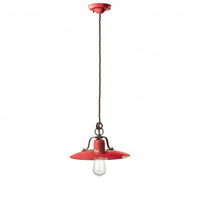 FerroLuce - Country - Sospensione media in metallo con diffusore in ceramica dal design industrial - Colore: Rosso - 1 Lampadina - E27 - 77W - IP20 - SKU: C1442-VIR