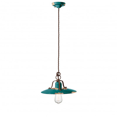 FerroLuce - Country - Sospensione media in metallo con diffusore in ceramica dal design industrial - Colore: Verde - 1 Lampadina - E27 - 77W - IP20 - SKU: C1442-VIV