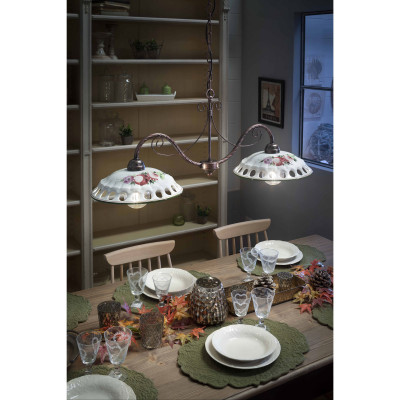 FerroLuce - Napoli - Lampadario rustico in metallo con diffusori in ceramica decorati a mano - 2 Lampadine E27 75W - IP20 - SKU: C363-NR-11.DEC.OTT