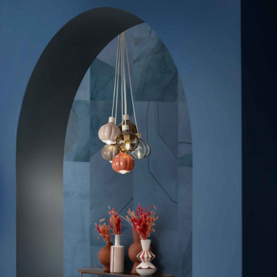 FerroLuce - Afoxé - Lampada a sospensione con 6 diffusori in vetro e ceramica dallo stile moderno - 6 Lampadine E14 28W - IP20 - SKU: C2657-MIX